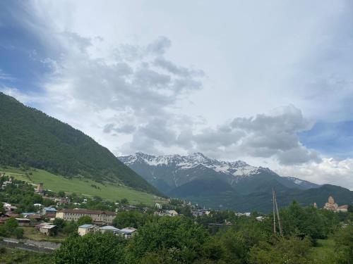 a view of a valley with snow capped mountains at COTTAGE cozy side in Mestia