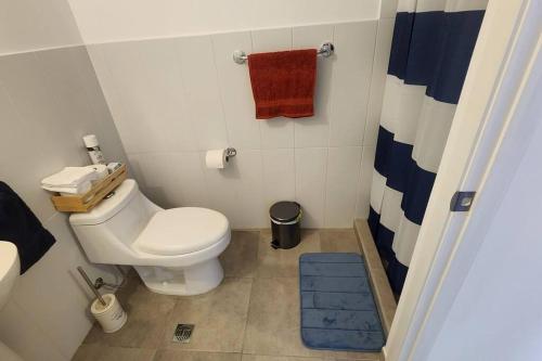 um pequeno banheiro com um vaso sanitário e um tapete azul em 5CERO2 STAYMENTS - Hermoso y Cómodo Apartamento Tipo penthouse em Guatemala