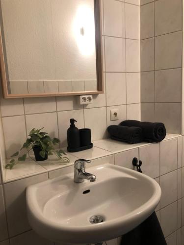 a bathroom with a white sink and a mirror at Apartment #1 in Olsbrücken