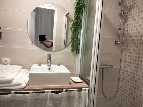 une personne prenant une photo d'une salle de bains avec lavabo dans l'établissement LE SAINT LOUIS - Hypercentre - Opéra - Proche Parcs, à Vichy