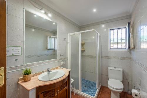 a bathroom with a toilet and a sink and a shower at Casa rural Entre Olivos in La Puebla de Cazalla