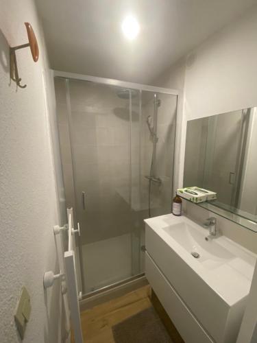 une salle de bain avec une douche en verre et un lavabo dans l'établissement Petit cocon vue sur la corniche de Sete, à Sète