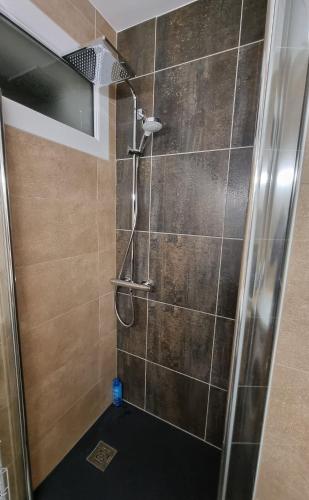 une douche avec une porte vitrée dans une salle de bain dans l'établissement Appartement St Lary - 2 à 6 pers - place du telephérique, plein centre - label 5 diamants, à Saint-Lary-Soulan