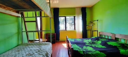 a bedroom with two bunk beds and green walls at Hostel Ureki Kidobani in Ureki
