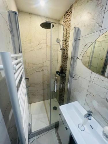 une salle de bain avec une douche en verre et un lavabo dans l'établissement STADE DE FRANCE Superbe Appartement Proche Paris, à Saint-Denis