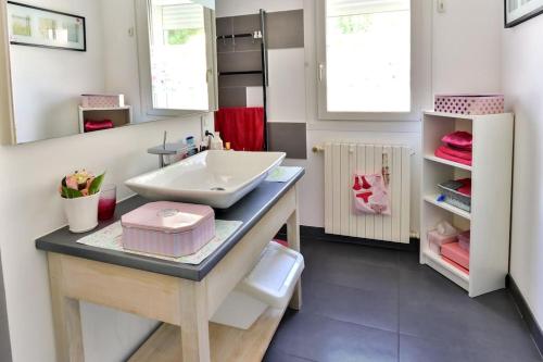 une salle de bain avec un lavabo et un miroir dans l'établissement Villa La Ponselière-Calme en campagne Provençale, à Graveson