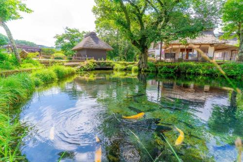 a pond in front of a house with kites in it at イングリッシュコテージ メイハウス in Oshino