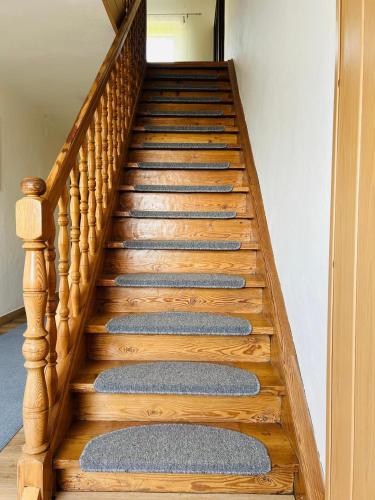 a stairway with wooden stairs with mats on it at Fuchsbau in Vordertheissenegg