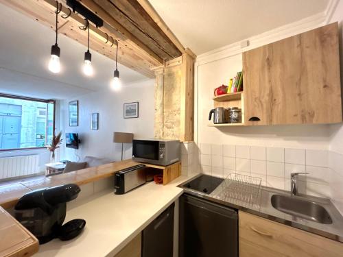 une cuisine avec un évier et un micro-ondes dans l'établissement Le Rousseau Studio hyper centre, à Vienne