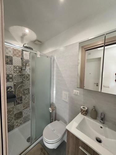 Un baño con ducha, inodoro y lavabo. en Renovated studio near the Vatican, en Roma