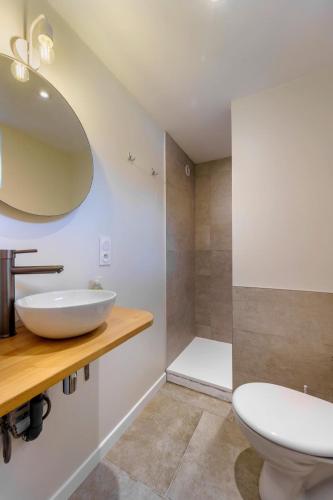 une salle de bain avec un lavabo, des toilettes et une douche dans l'établissement Maison de vacances, à Gilly-lès-Cîteaux