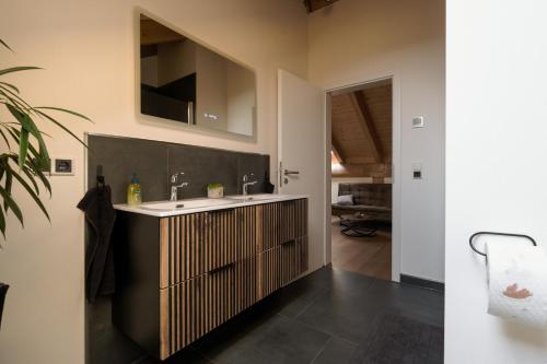 un bagno con lavandino e specchio di wunderschönes Blockhaus direkt am See für 10 PAX a Gröbern