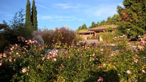a garden with flowers and a house in the background at Les Chalets de Maramour in Chazey-sur-Ain