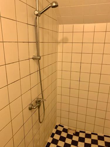a bathroom with a shower with a checkered floor at Budget izba pre veľkú rodinu alebo skupinu priateľov in ľubochňa