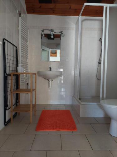 a bathroom with a sink and a shower at Penzion SLUPEČNÁ in Lipno nad Vltavou