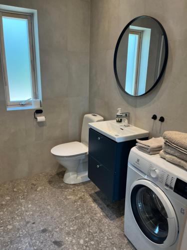 a bathroom with a washing machine and a sink at Mysigt attefallshus med närhet till stad och hav in Västra Frölunda