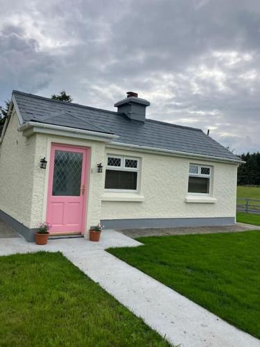 una casa bianca con una porta rosa in un cortile di Whitethorn Cottage, Palmfield a Ballaghaderreen
