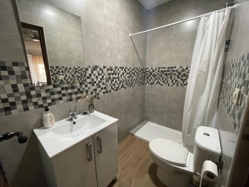 un bagno con lavandino, WC e doccia di Casa rural la forilla a Ruidera