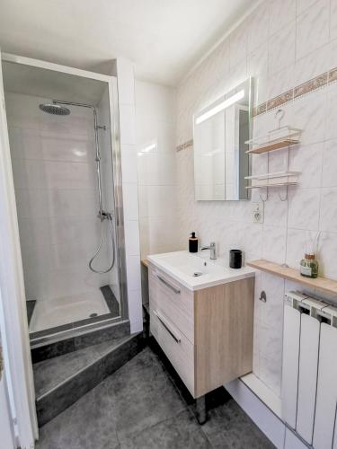 une salle de bain blanche avec un lavabo et une douche dans l'établissement L'éclat urbain, à Chambéry