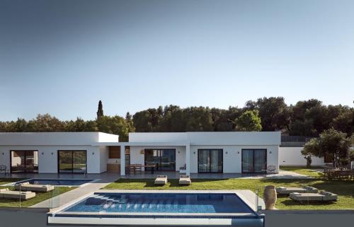 a house with a swimming pool in front of it at Cicada Exclusive Villa, a Sea View Gem, By ThinkVilla in Akrotiri