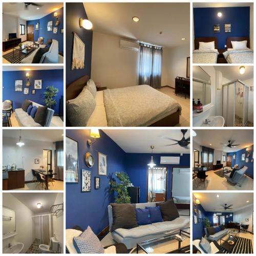 a collage of photos of a room with blue walls at Aurora Court Service Apartment in George Town