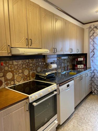 a kitchen with wooden cabinets and a stove top oven at Entire house for 5 person close to the beach in Bergkvara