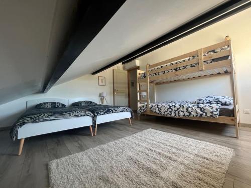 une chambre avec deux lits superposés et un tapis dans l'établissement Maison de charme, piscine et vue panoramique, à Mudaison