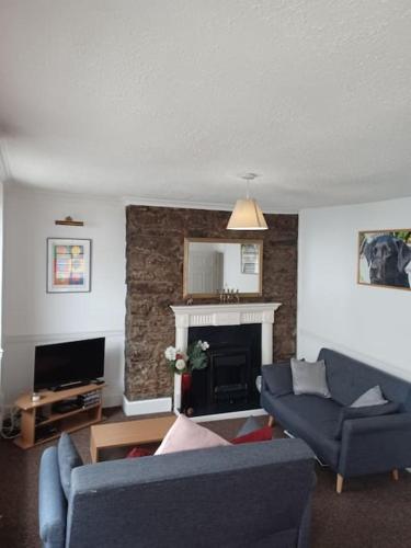 a living room with two blue couches and a fireplace at Amazing value, in great location in Plymouth