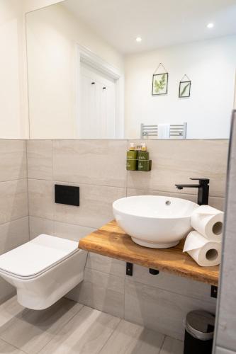 a bathroom with a white sink and a toilet at Drumhierny Woodland Hideaway in Leitrim