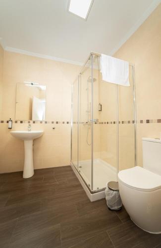 a bathroom with a shower and a toilet and a sink at Hostería La milla Rural in Guadapero