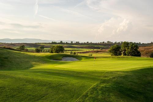 a view of a green golf course with a hole at La Bagnaia Golf Resort in Bagnaia