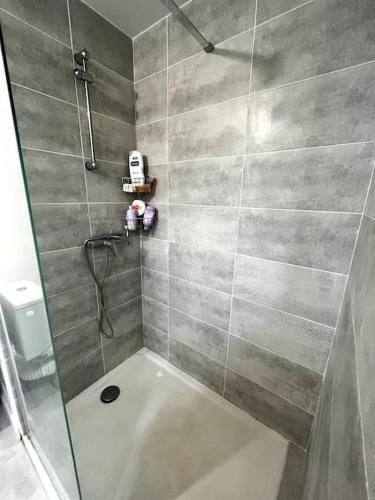 une douche avec une porte vitrée dans une salle de bain dans l'établissement Lady Lafé Kaz Appartement, à Frontignan