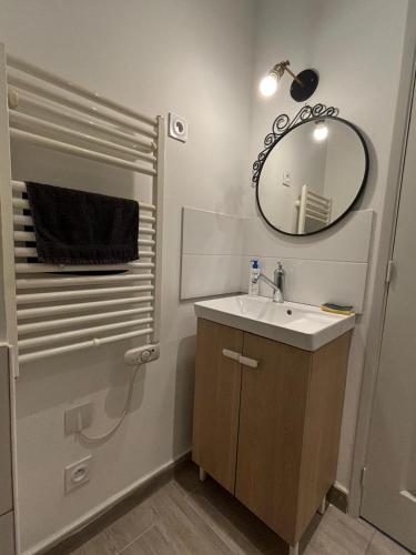 une salle de bain avec un lavabo et un miroir dans l'établissement Studio avec piscine, à Nîmes