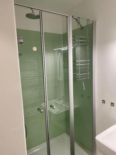 a glass shower in a bathroom with a sink at Apartment 3 502 in Goslar