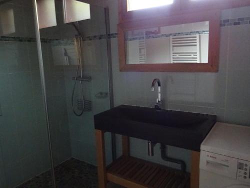 La salle de bains est pourvue d'un lavabo noir et d'une douche. dans l'établissement Charmant 3 pièces rénové avec terrasse, 6 pers., Bourg Saint Maurice - FR-1-411-606, à Bourg-Saint-Maurice