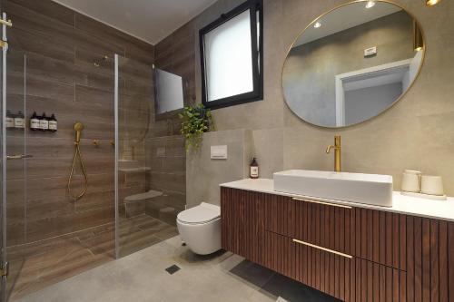 une salle de bain avec toilettes, lavabo et miroir dans l'établissement אסיה ריזורט-Asia resort, à Mishmār Hāyardin