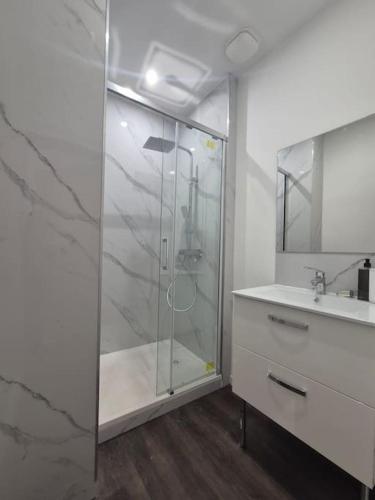 une salle de bain avec une douche en verre et un lavabo dans l'établissement #L'Entracte# Thiers# Centre#, à Thiers