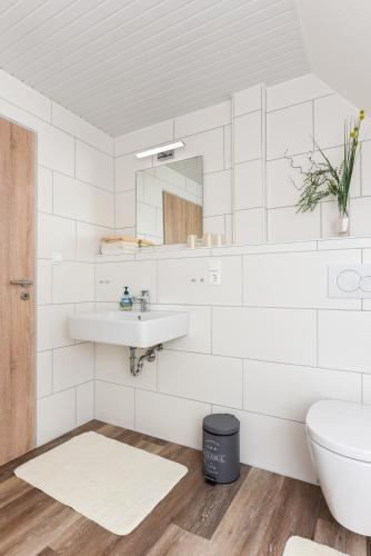 a white bathroom with a sink and a mirror at Ferienhof Ennenhof in Gastriege