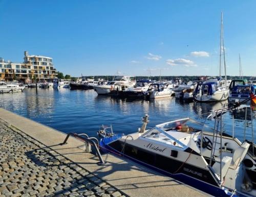a group of boats docked in a marina at Tiny House Carlos - zauberhaftes Camping-Pod in Stuer