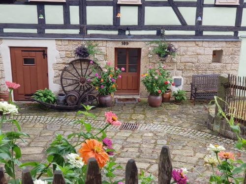 a garden with flowers in front of a building at Gohrischer Hof Anno 1798 in Kurort Gohrisch