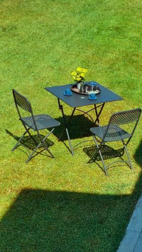 a picnic table and two chairs on the grass at Villa Finocchito - The sound of silence in Ogliastro Cilento