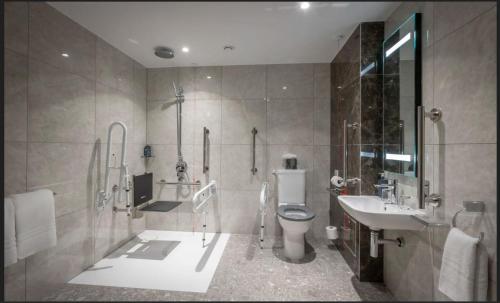 a bathroom with a toilet and a sink and a shower at Maldron Hotel Belfast City in Belfast