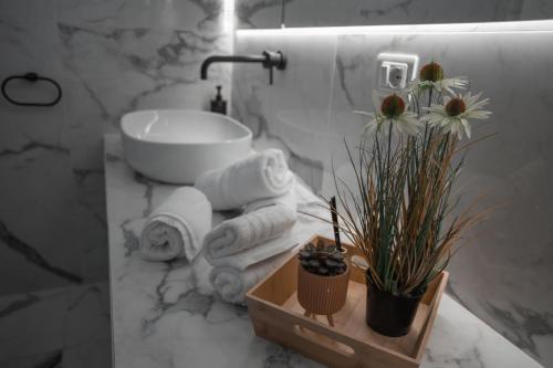 a bathroom with a sink and a toilet and towels at Alexander House Hotel in San Ferdinando