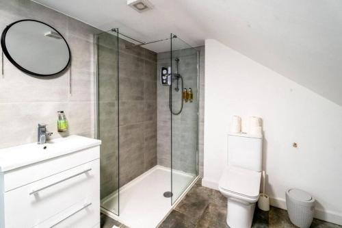 a bathroom with a shower and a toilet and a sink at 3 Bedroom Apartment, Walking Distance to Centre & Amazing Food at your door step in Cardiff