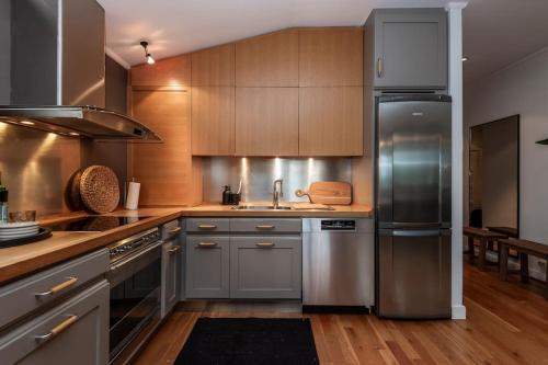 a kitchen with stainless steel appliances and wooden cabinets at Spacious 3BR Downtown Location in Reykjavík