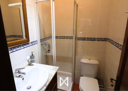 a bathroom with a shower and a sink and a toilet at MyStay - Casa da Portaria in Tarouca