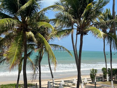 a group of palm trees on a beach with the ocean at Muriú RN - Savage Beach House in Ceará-Mirim