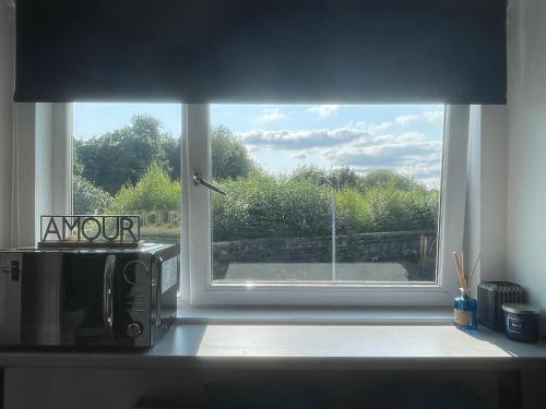 a window in a kitchen with a microwave at Foundry Street Apartment 2 - Dunfermline city centre in Dunfermline
