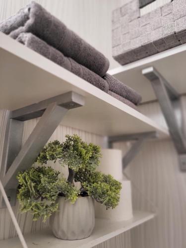 a plant in a white pot on a shelf with towels at Cozy Arctic Heart in Rovaniemi