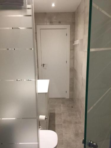 a bathroom with a toilet and a glass door at Casa Uva Republica Argentina 11 Logroño in Logroño
